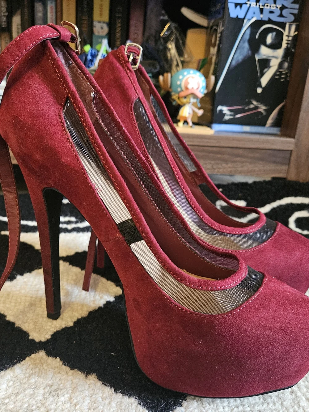 JustFab Wine Red Suede Platform Stiletto Pumps with Mesh Inset